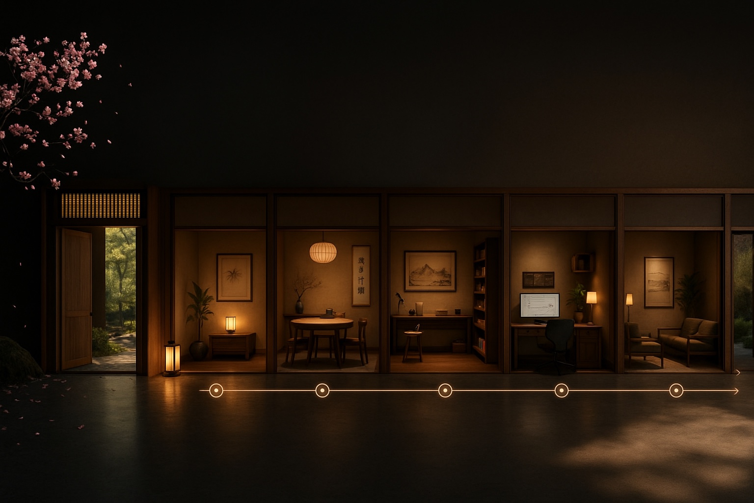 An architectural photo of one connected building with a garden entrance on the left and five rooms in a row — Attract, Sell, Deliver, Collect, Retain — joined by a single glowing floor line, showing customers, work, and money moving through the business as one continuous flow.
